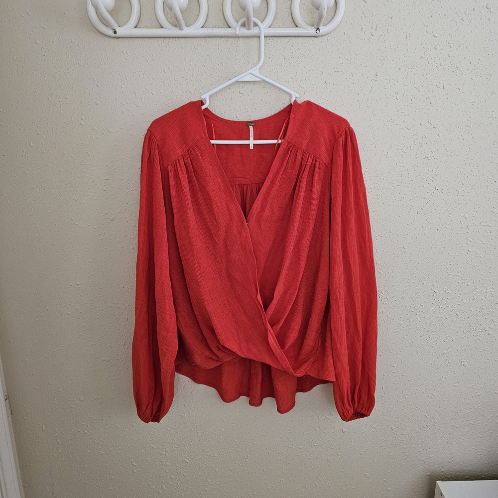 Free People Red Long Sleeve V Neck Wrap Blouse